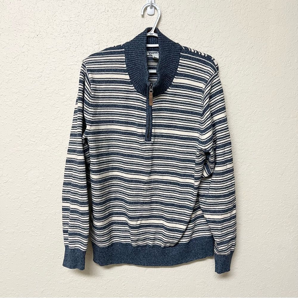 Duluth Trading Strongarm 1/4 Zip Mock Neck Sweater Blue Striped Mens Size L